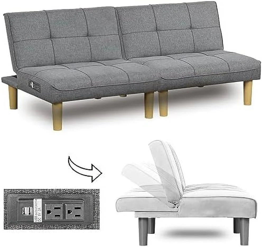 Comfy Convertible 2 Seater Futon Sofa Couch with USB Port Armless Adjustable Backrest K1527