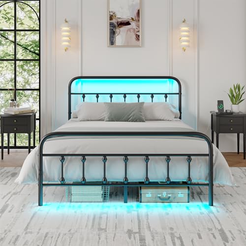 Black Metal Platform Bed Frame with LED J613711