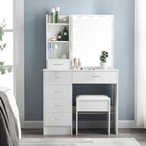 Makeup Vanity Desk with Lighted Mirror, 6 Drawers, and Upholstered Stool O819