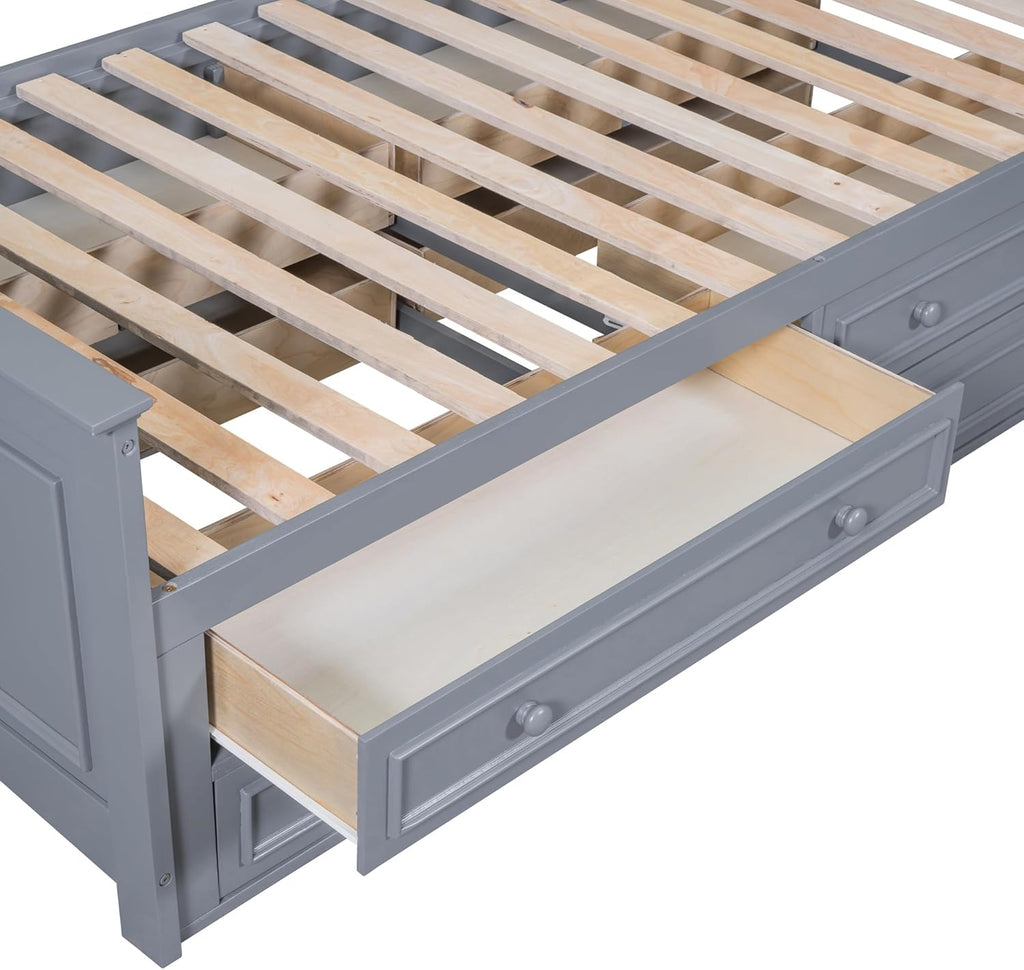 Gray Twin Size Wood Platform Bed Frame with Bookcase Headboard and 4 Drawers N968529