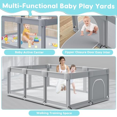 Large Baby Playpen with Soft Breathable Mesh, Grey B575