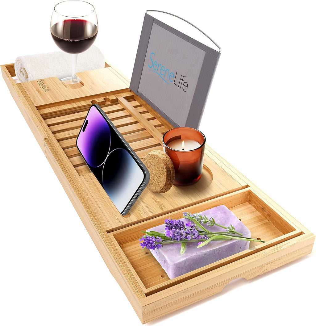 Bamboo Bathtub Caddy Tray with Wine Holder J437177