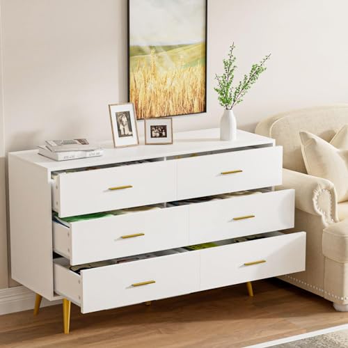 White 6 Drawer Wood Dresser with Gold Metal Handles F64601