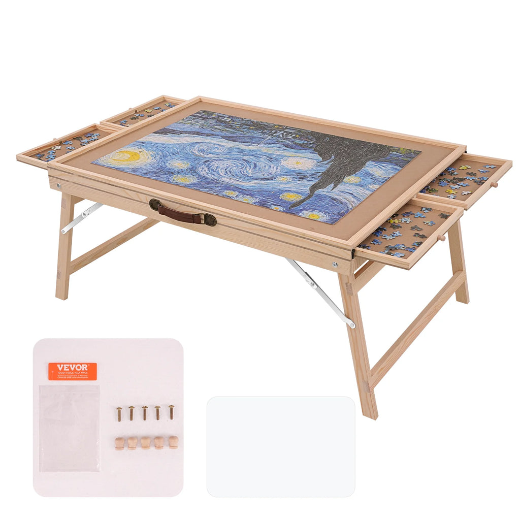 1500 Piece Puzzle Board with Folding Legs & 4 Sliding Drawers 32.7" x 24.6" Wooden Jigsaw Puzzle Table Z2456