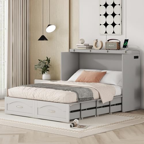 White Solid Wood Queen Size Murphy Bed with Storage and Bookcase Headboard L8840