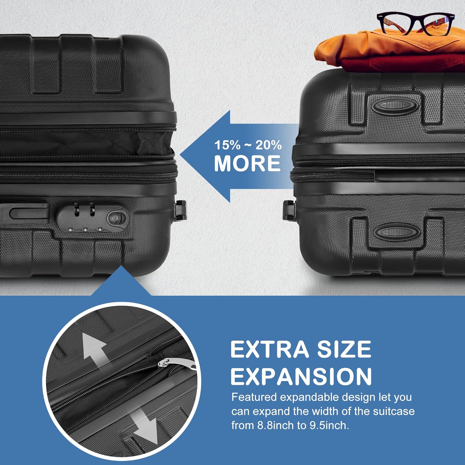 Black 3 Piece Hardside Expandable Luggage Set with Spinner Wheels Y434