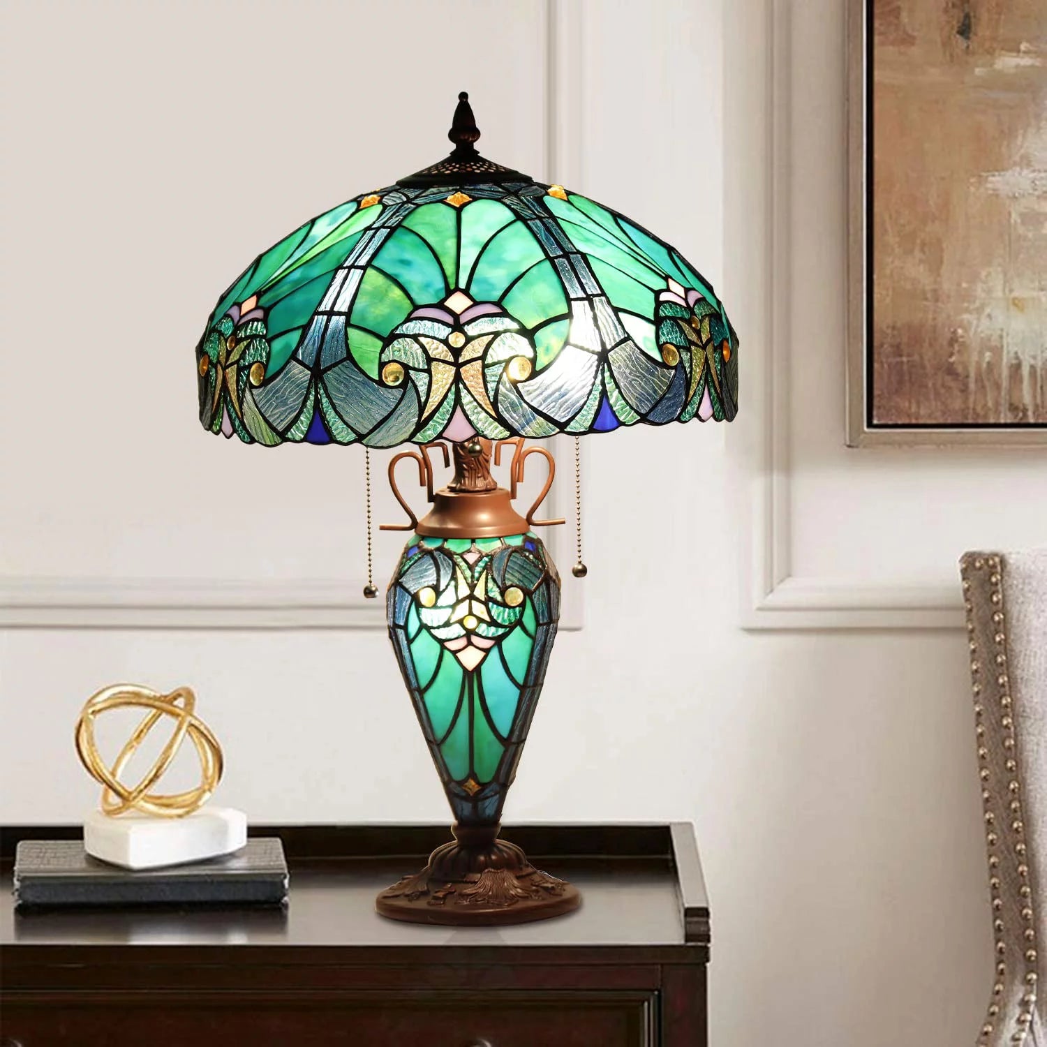 Tiffany Table Lamp 16" Wide Handmade Stained Glass Lamp Shade 3 Light Sea Green Z45724