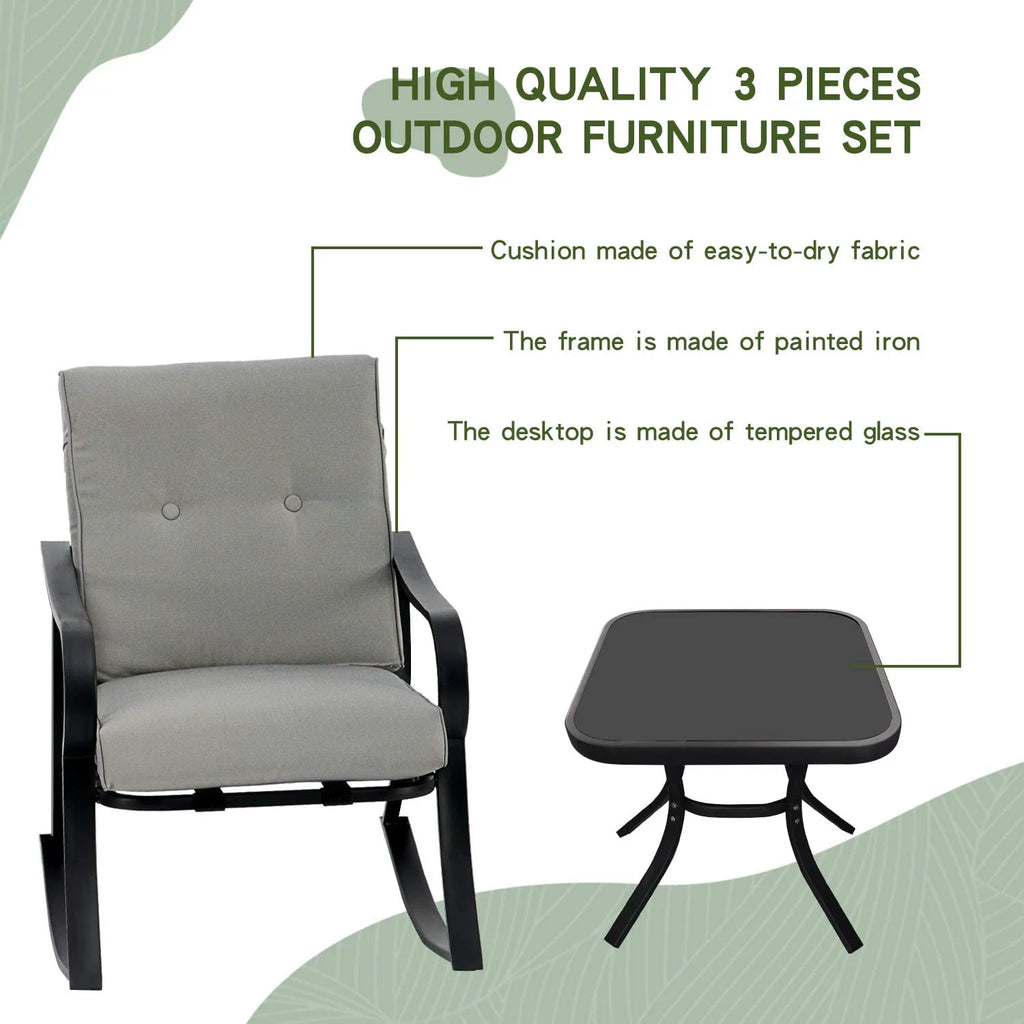 3-Piece Black Iron Outdoor Rocking Chairs Set with Gray Cushion and Glass Coffee Table O66268