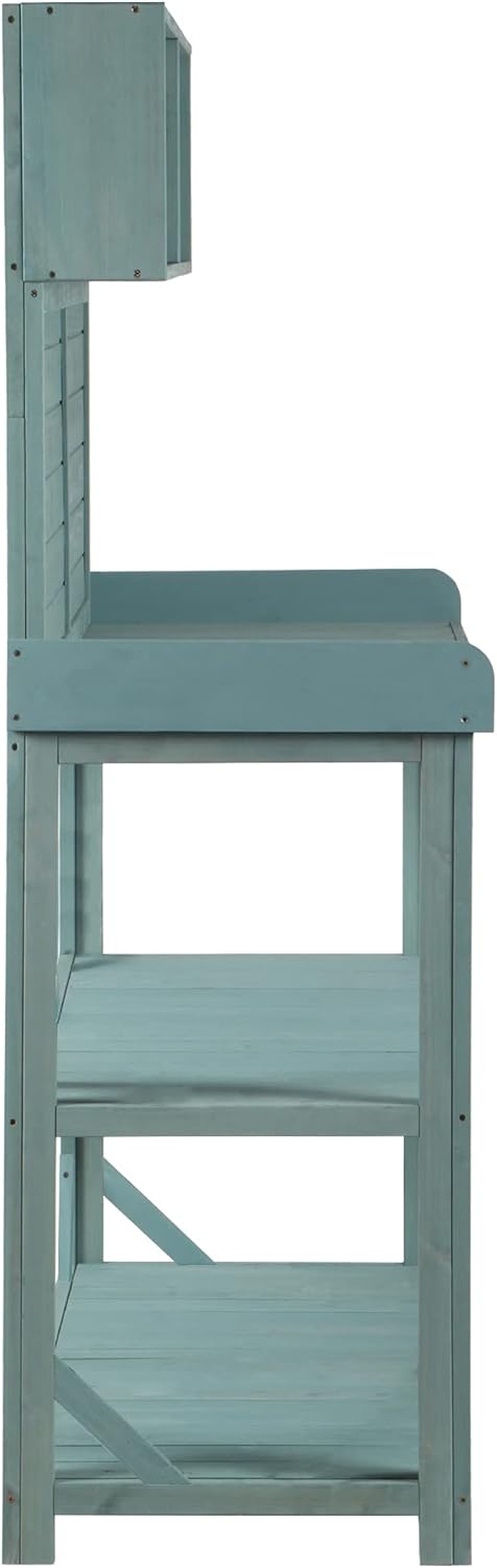 Green Wooden Potting Bench Table with 4 Storage Shelves and 3 Side Hook Z36850