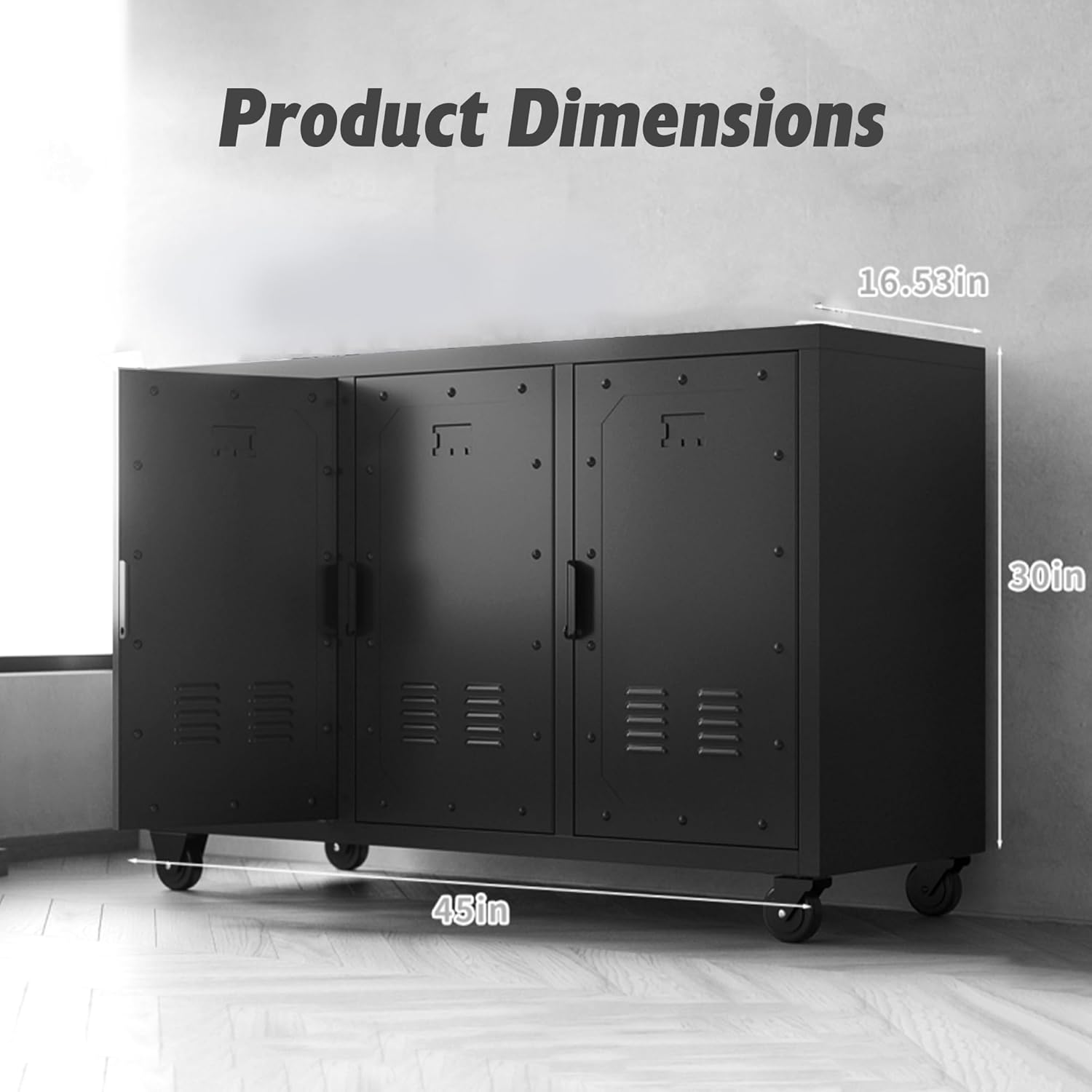 Metal Storage Cabinet with Wheels, 3 Doors L424