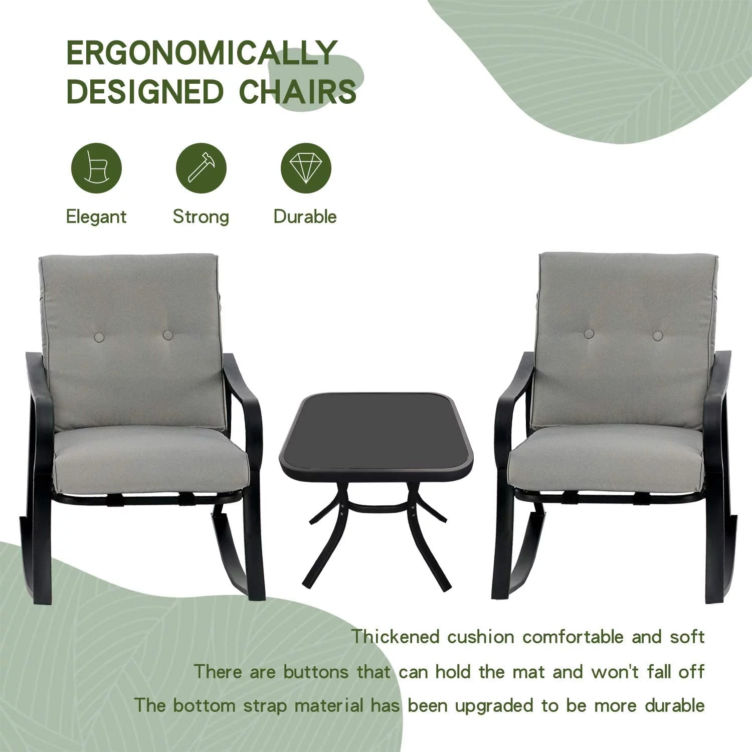 3-Piece Black Iron Outdoor Rocking Chairs Set with Gray Cushion and Glass Coffee Table O66268