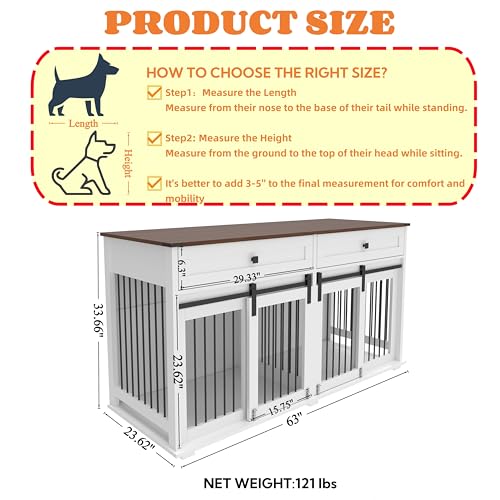 Brown White Dog Crate Furniture for 2 Dogs with Sliding Barn Door G787