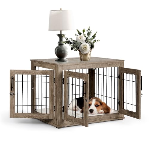 Greige Wooden Dog Crate with Bed Mat I7586