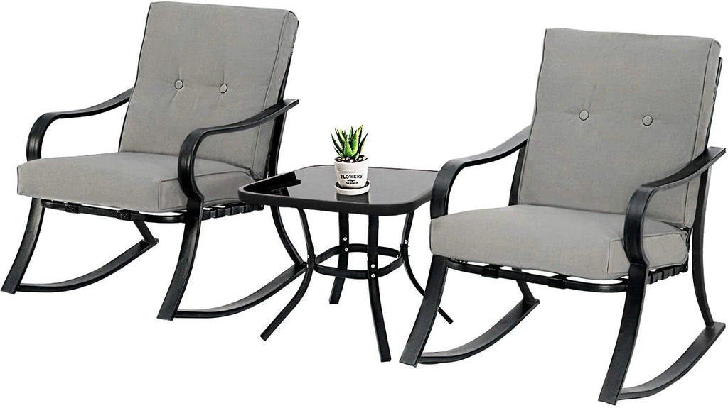 3-Piece Black Iron Outdoor Rocking Chairs Set with Gray Cushion and Glass Coffee Table O66268
