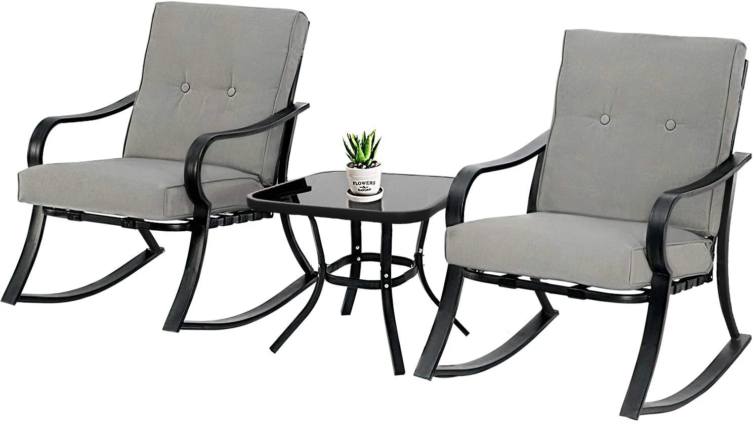 3-Piece Black Iron Outdoor Rocking Chairs Set with Gray Cushion and Glass Coffee Table O66268
