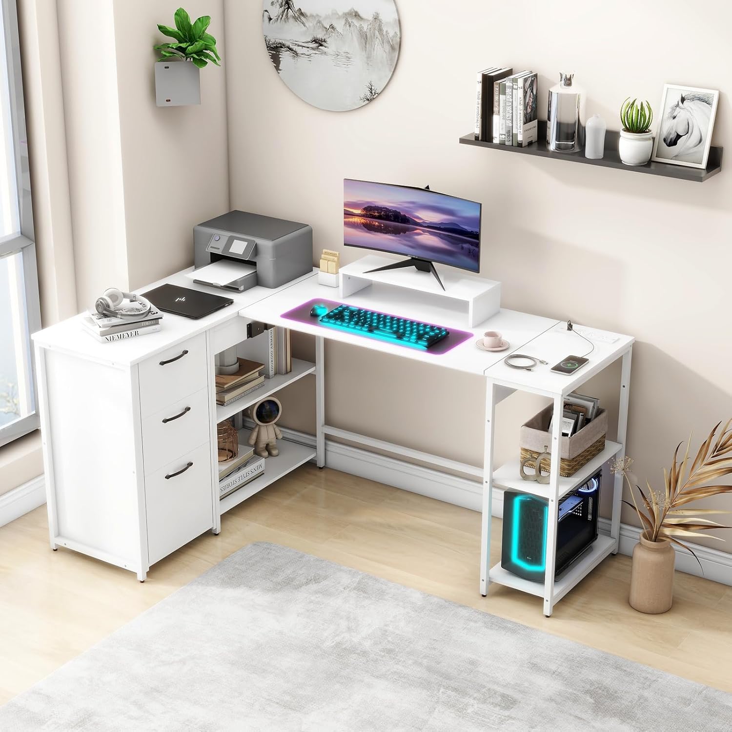 61" L Shaped Desk with Lift Top, Power Outlets, Drawers, Open Storage Shelf, Monitor Stand N6682