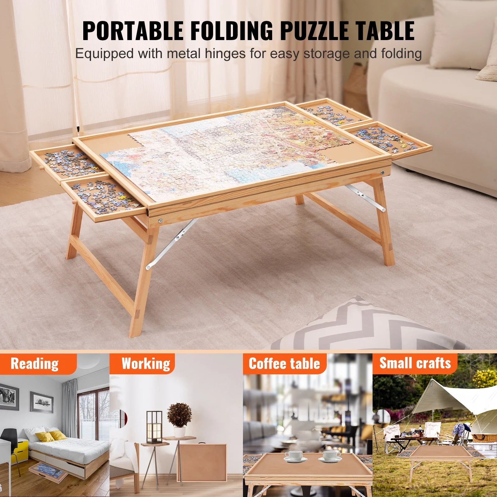 1500 Piece Puzzle Board with Folding Legs & 4 Sliding Drawers 32.7" x 24.6" Wooden Jigsaw Puzzle Table Z2456