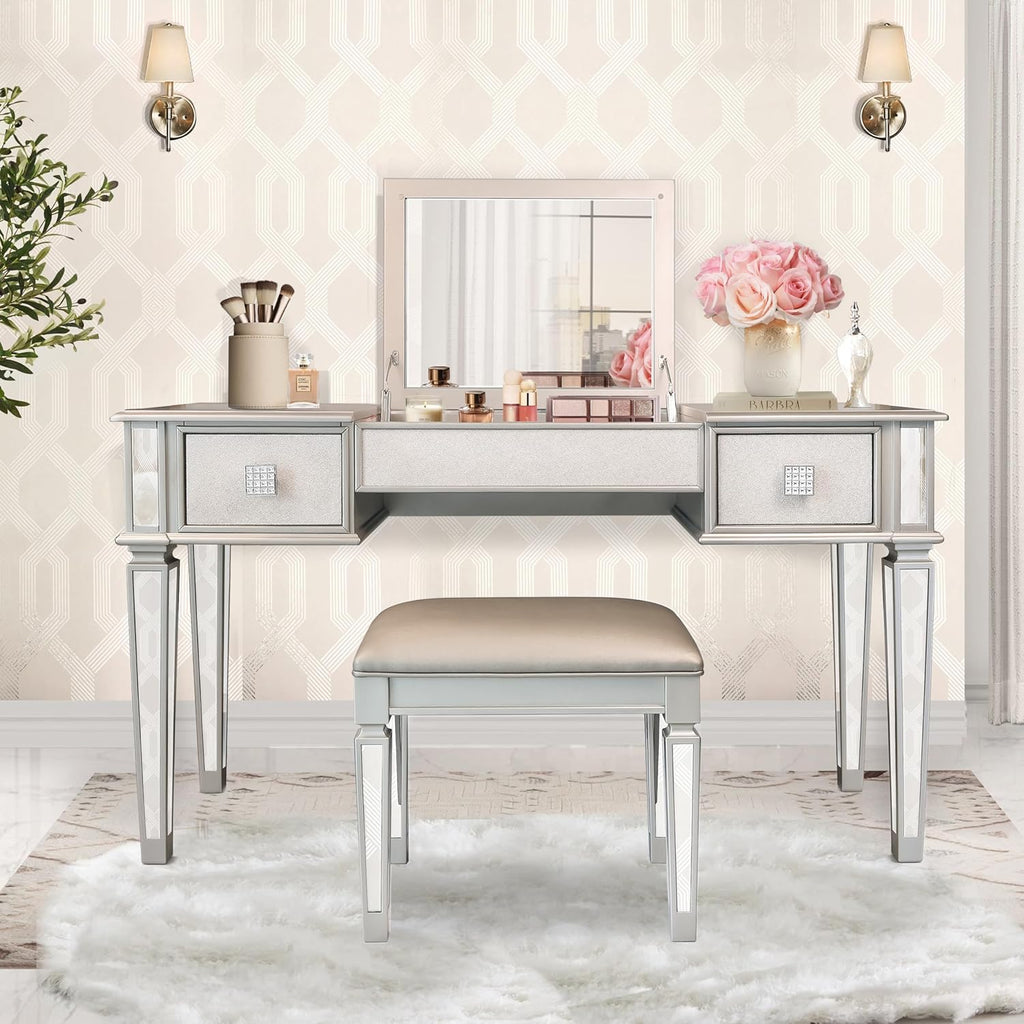 Mirrored Vanity Desk with Drawers and Stool G54363