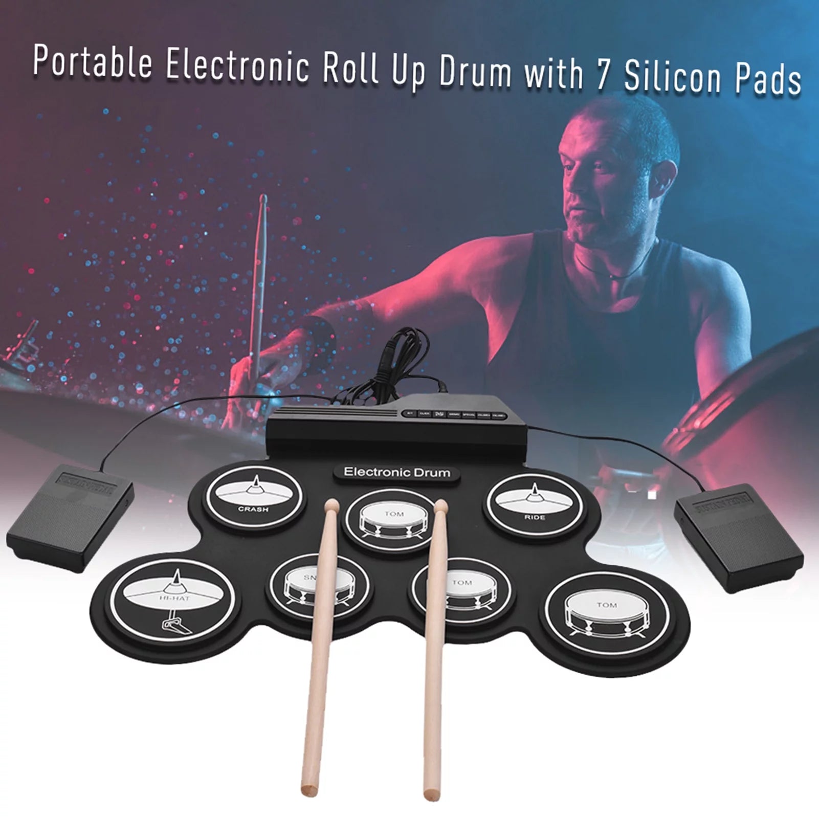 Compact USB Silicon Drum Set with 7 Drum Pads Drumsticks Foot Pedals F90767