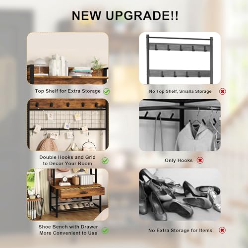 5-in-1 Wood Look Hall Tree with Bench and Shoe Storage, 12 Hooks M84124