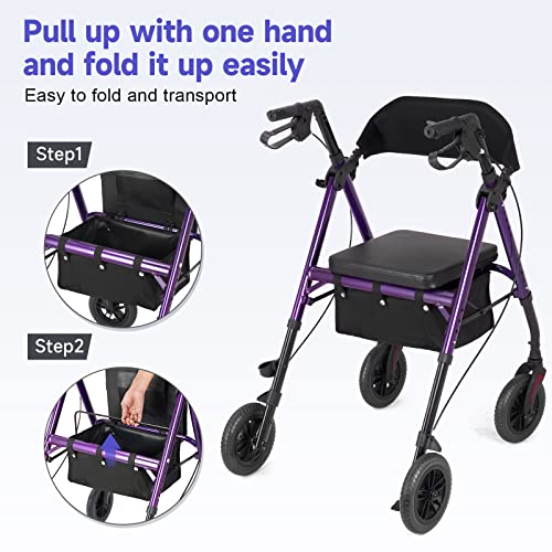 Blue 8" 4 Wheels Rollator Walker with Seat Locking Brakes Adjustable Seat and Arms Aluminum Foldable Removable Back Support 300 lbs O6573
