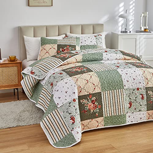 Full/Queen Size 3 Pieces Green Floral Plaid Microfiber Reversible Quilt Set A114