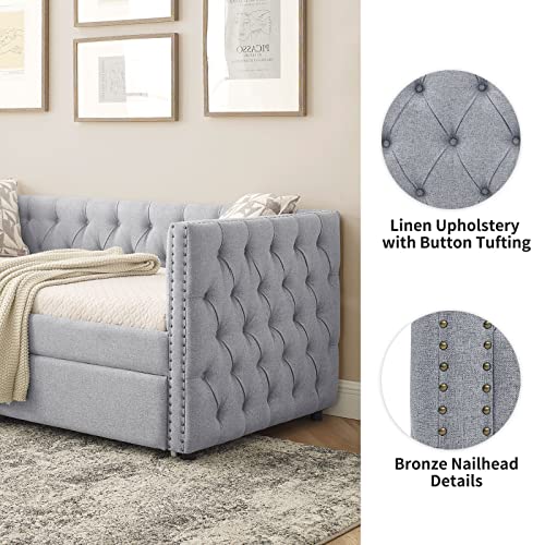 Twin Size Linen Fabric Upholstered Daybed with Trundle R5790