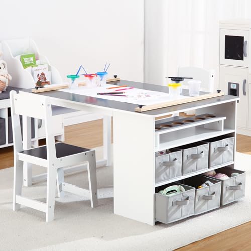 Kids Art Table and Chairs Set with Storage Desk and Art Supply Organizer W564409
