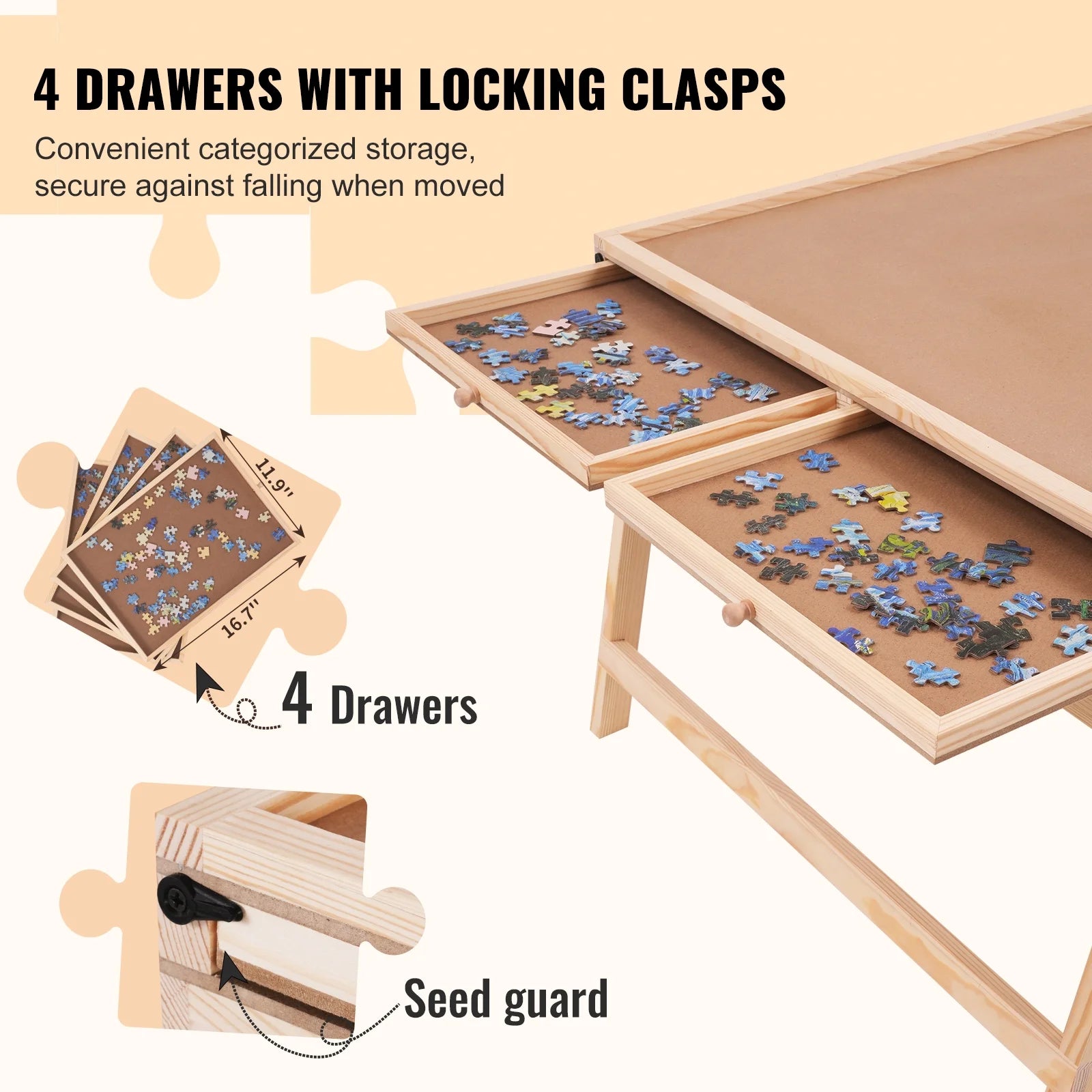 1500 Piece Puzzle Board with Folding Legs & 4 Sliding Drawers 32.7" x 24.6" Wooden Jigsaw Puzzle Table Z2456