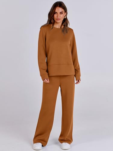 Women 2 Piece Sweatsuit Long Sleeve Crewneck Sweatshirts Wide Leg Sweatpants Lounge Set G54526