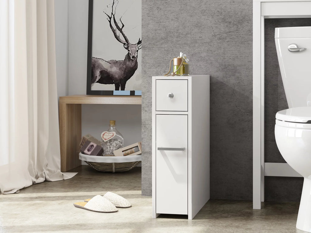 White Slim Bathroom Storage Cabinet with Toilet Paper Holder and Slide Out Drawer S97257