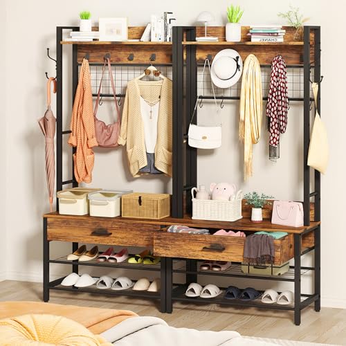 5-in-1 Wood Look Hall Tree with Bench and Shoe Storage, 12 Hooks M84124