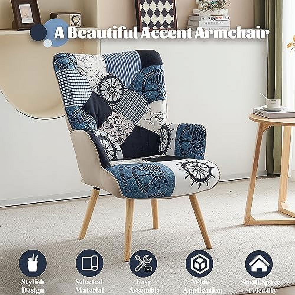 Grey Plaid Upholstered Armchair with Wooden Base V3686