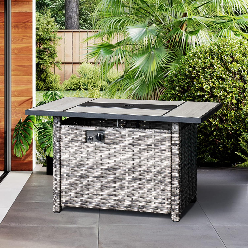 42 inch Outdoor Rectangle Propane Fire Pit Table with Lid, Grey Wicker L42519