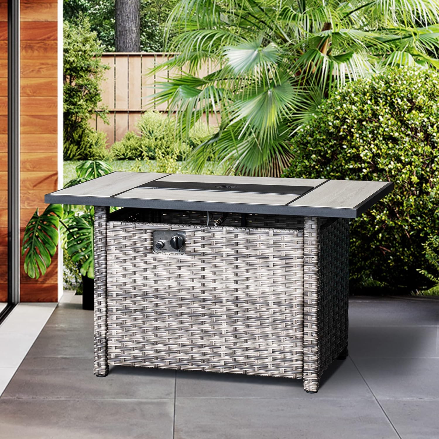 42 inch Outdoor Rectangle Propane Fire Pit Table with Lid, Grey Wicker L42519