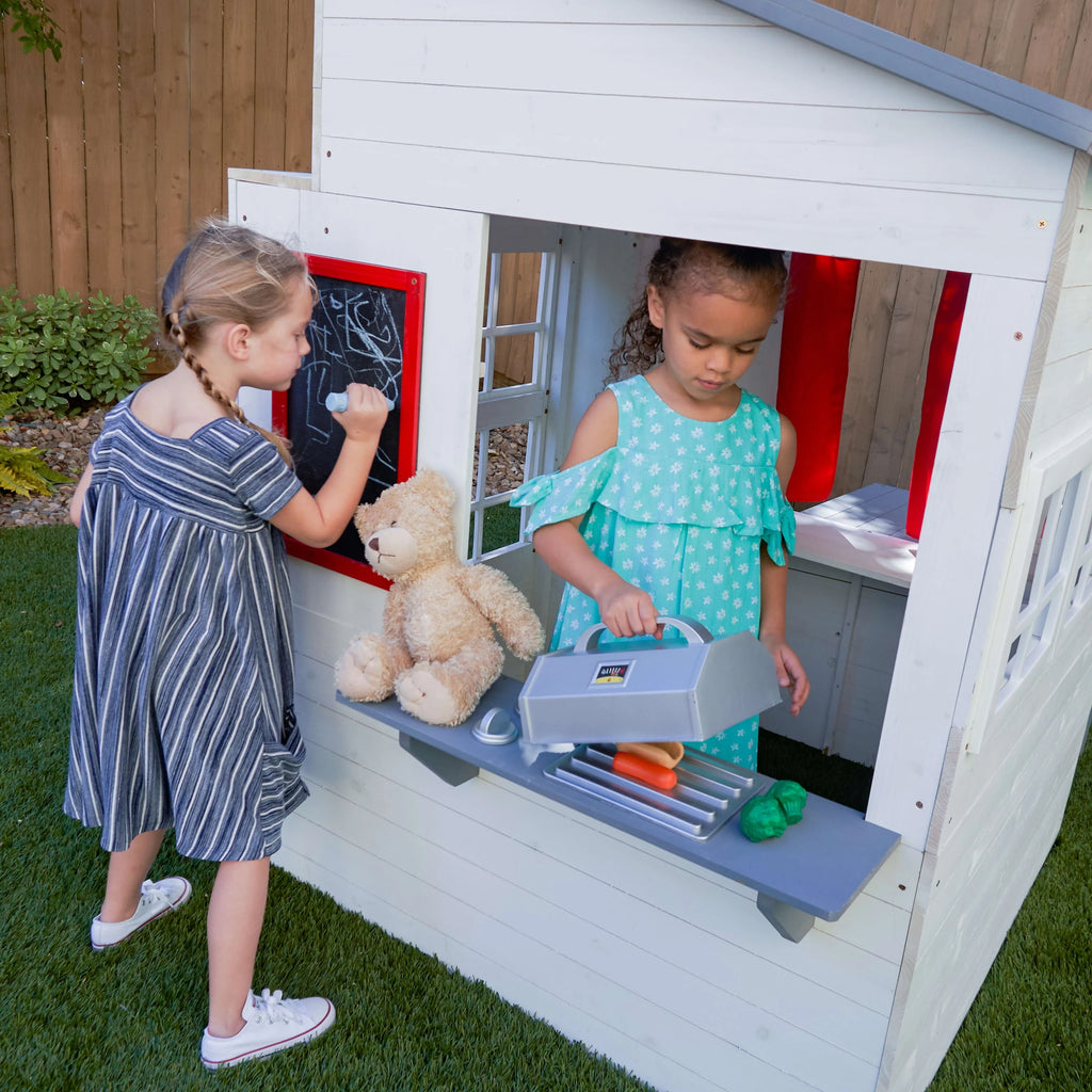 White Wooden Playhouse with Picnic Table, Mailbox & Outdoor Grill R190105