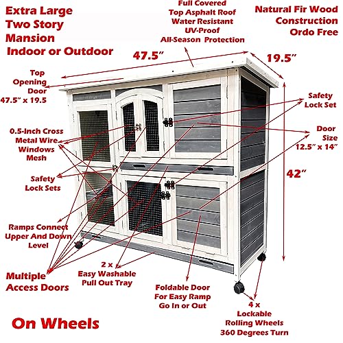 Large Double Story Wooden Rabbit Hutch on Wheels with Washable Tray X57170