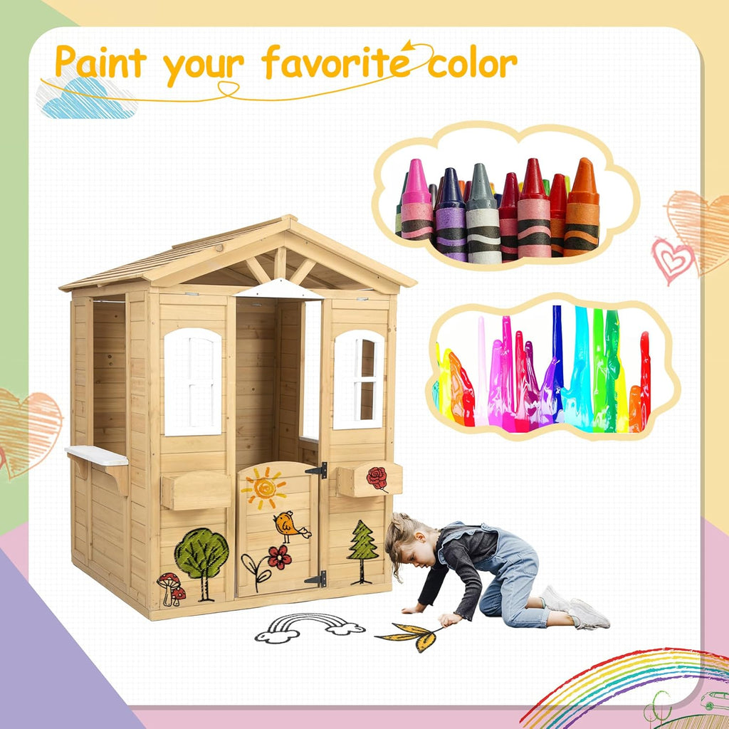Natural Wooden Playhouse with Working Door, Windows, Mailbox, Bench, Flowers Pot Holder J857