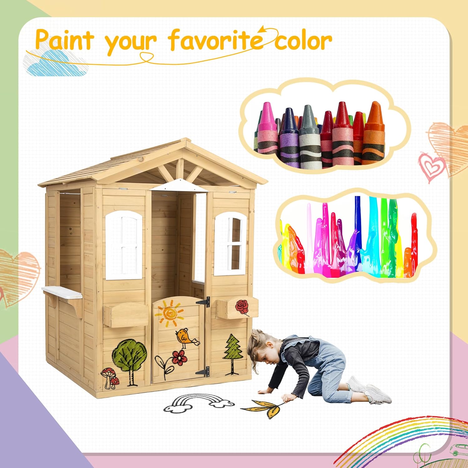 Natural Wooden Playhouse with Working Door, Windows, Mailbox, Bench, Flowers Pot Holder J857