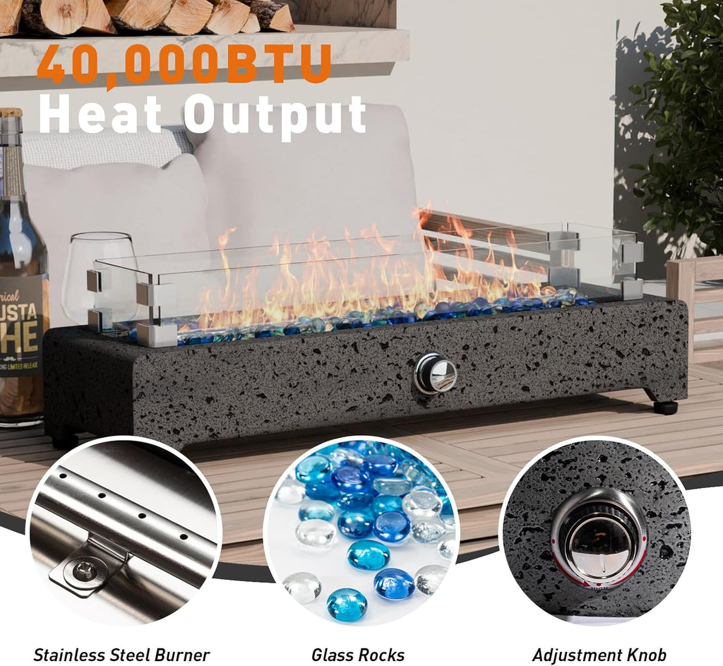28" Tabletop Propane Fire Pit with Stainless Steel Burner and Glass Rocks Z1006