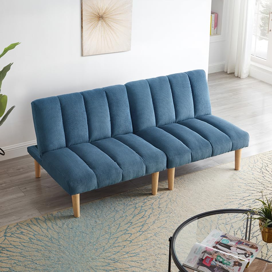 Blue Corduroy Convertible Folding Sleeper Loveseat Sofa A117948