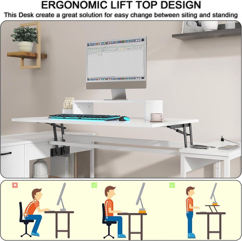 61" L Shaped Desk with Lift Top, Power Outlets, Drawers, Open Storage Shelf, Monitor Stand N6682