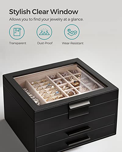 4-Layer Jewelry Organizer with Glass Lid, 3 Drawers, Dove Gray and Gold N186364