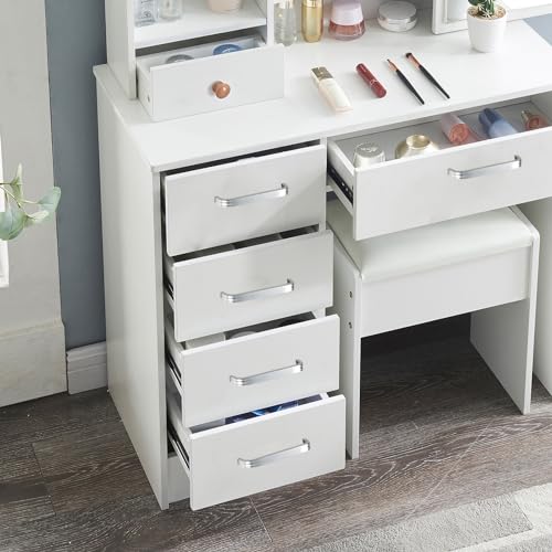 Makeup Vanity Desk with Lighted Mirror, 6 Drawers, and Upholstered Stool O819