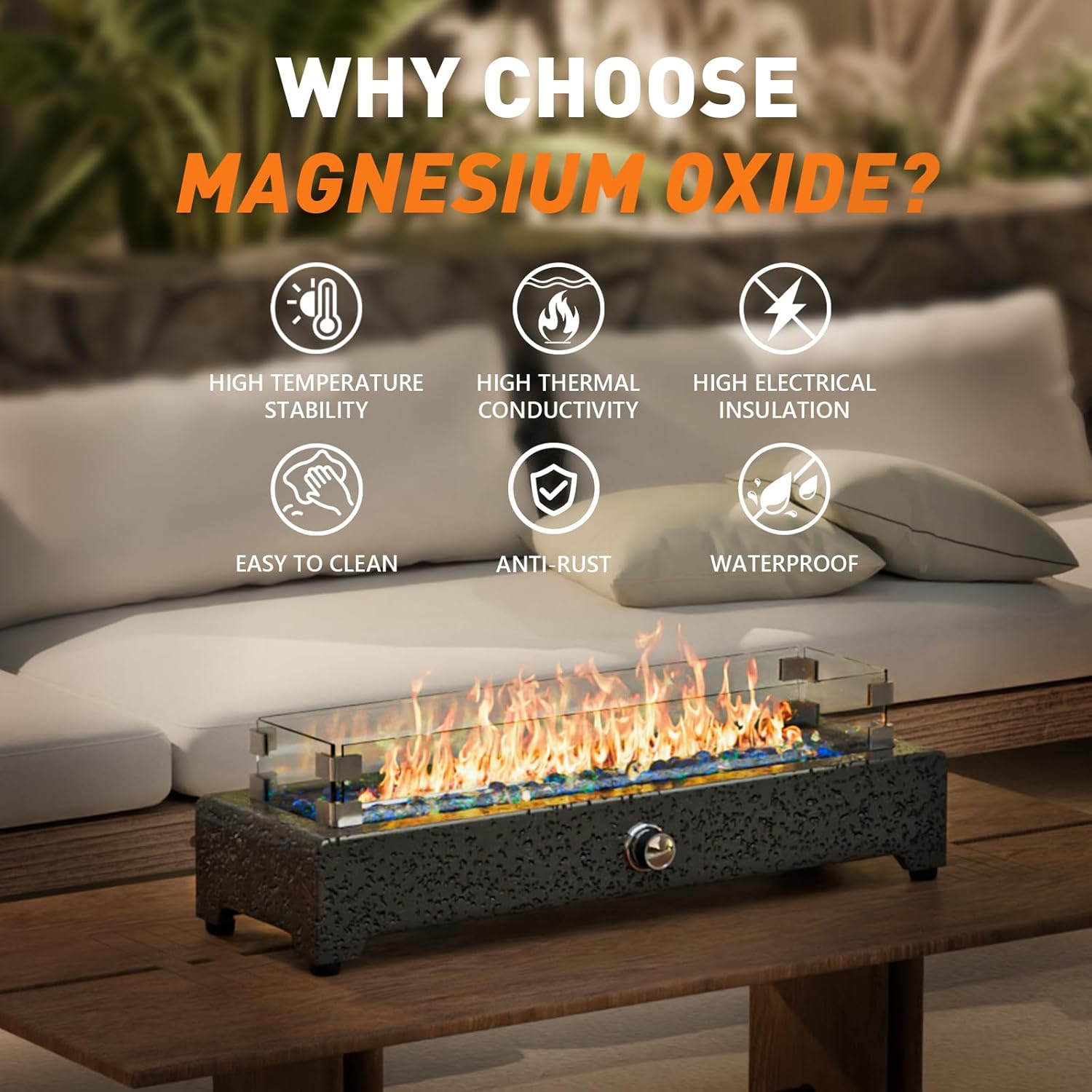 28" Tabletop Propane Fire Pit with Stainless Steel Burner and Glass Rocks Z1006