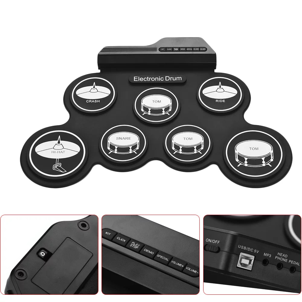 Compact USB Silicon Drum Set with 7 Drum Pads Drumsticks Foot Pedals F90767