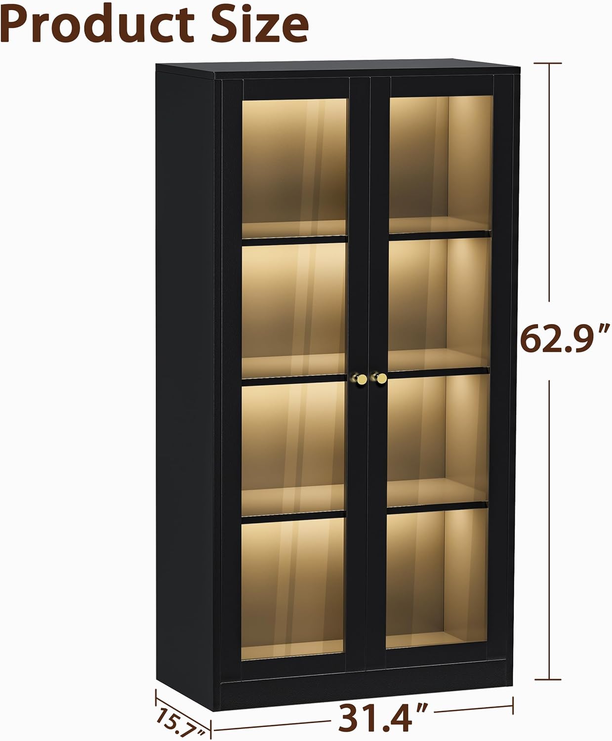 Black Glass Display Cabinet with LED Light and 3 Adjustable Shelves O70489