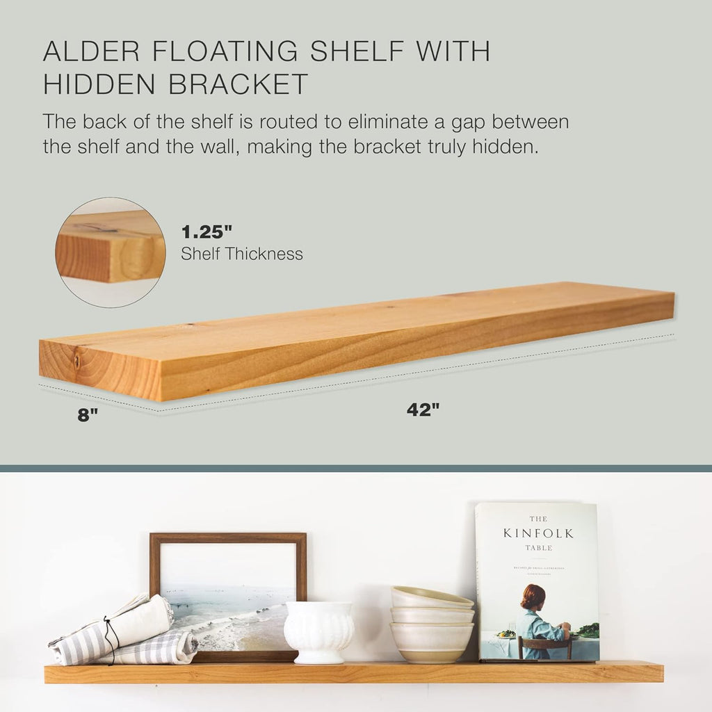 Solid Wood Floating Shelf, Alder, 42" Long x 8" Deep I698278