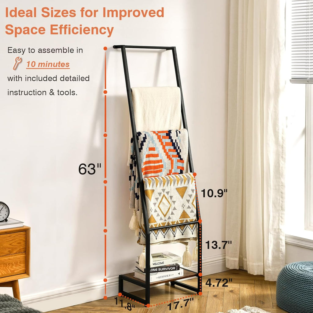 5 Tier Wooden Blanket Ladder Rack, Rustic Brown and Black G4118