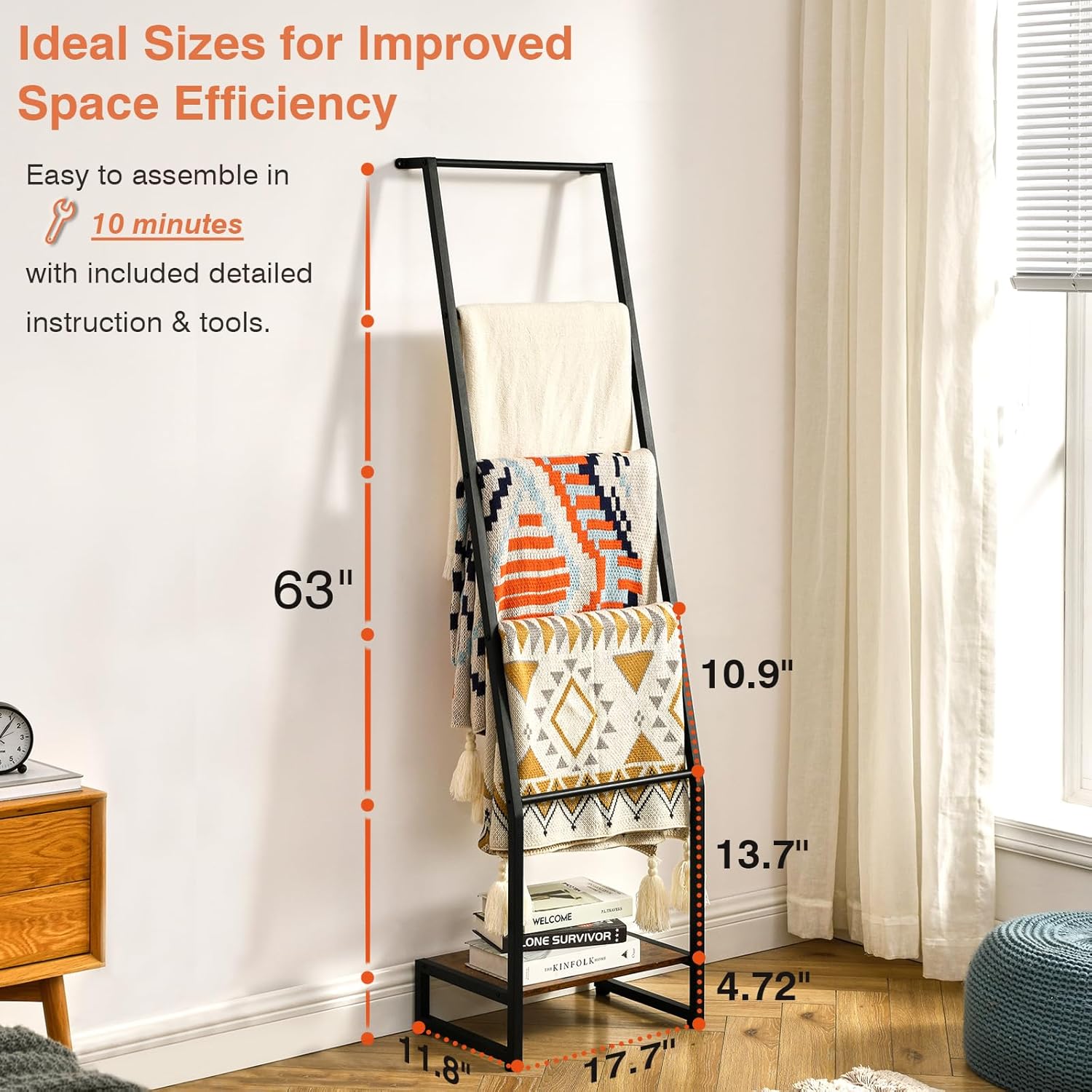 5 Tier Wooden Blanket Ladder Rack, Rustic Brown and Black G4118
